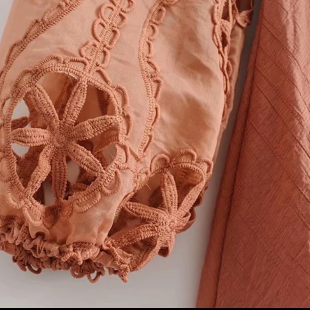 Lantern Puff Crochet Sleeve Boho Gypsy Dress Rust - Picture 8 of 8